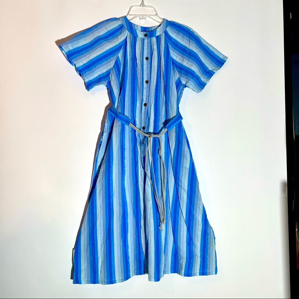 Vintage 1980s Blue Striped Button Up Dress With Belt And Two Side Pockets